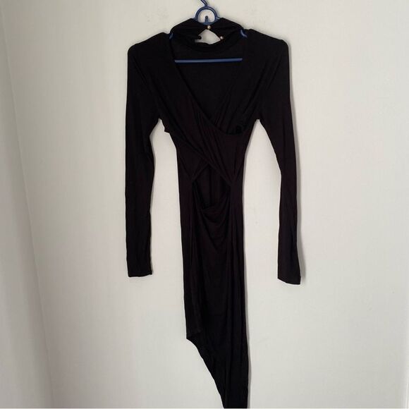 A’Gaci Women’s Long Sleeve Asymmetric Skirt Cut Out Back High Neck Dress - Picture 3 of 4